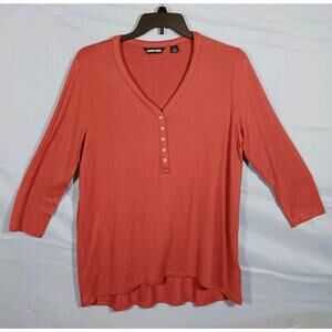 Lands End Shirt Womens Large 3/4 Sleeves 1/4 Button Up Tunic Coral Super Soft